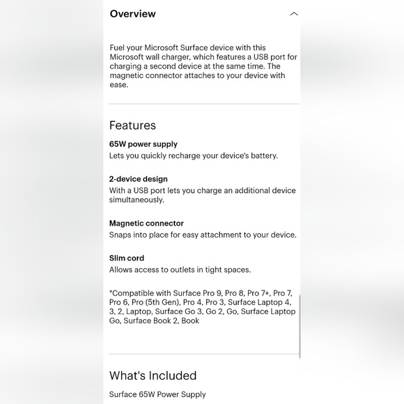 EXTRA LONG 10ft additional chords Microsoft Surface Charger Model 1706 65w - Picture 5 of 7